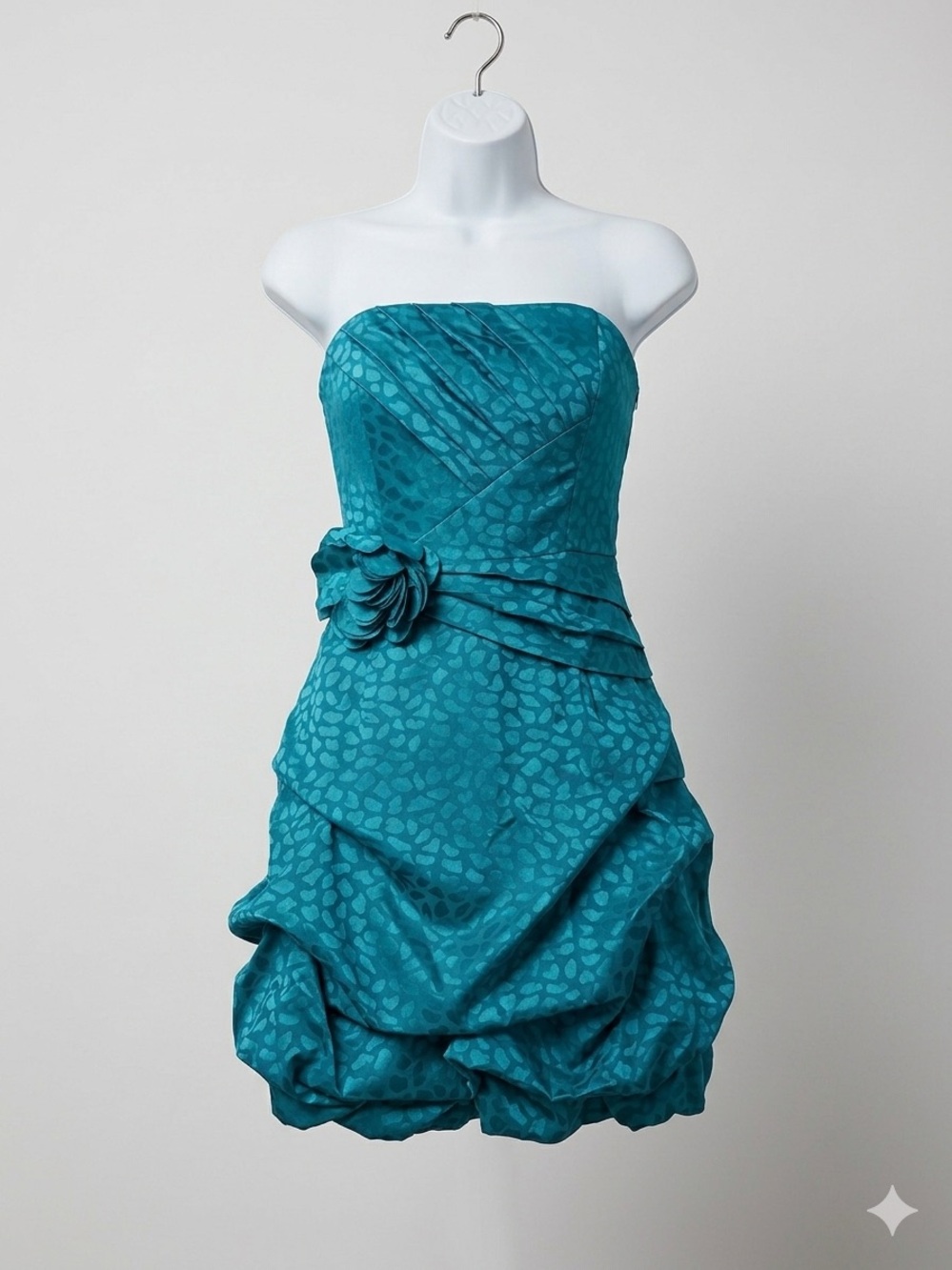 Le Chateau Teal Blue Animal Print Satin Strapless Bubble Hem prom Dress Size S
